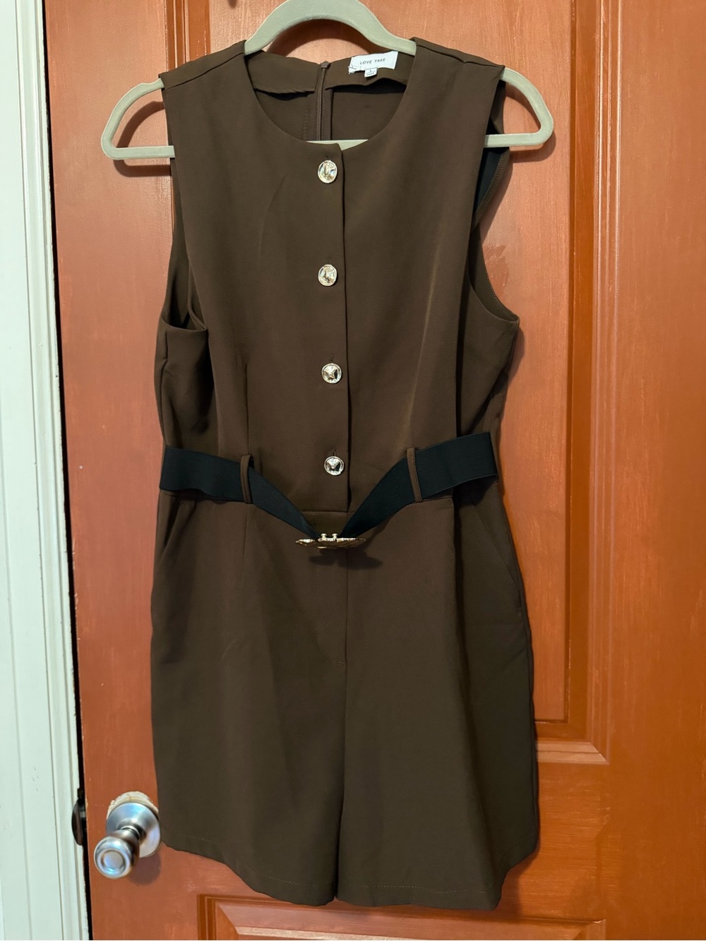 Sleeveless Brown Button-Front jumpsuit romper with Black Belt & gold details